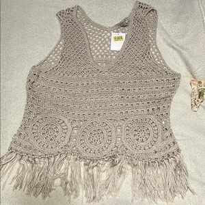 Crochet Fringe Tank Top - khaki